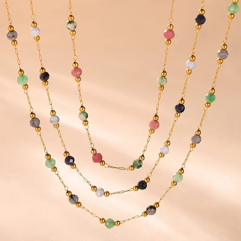 Ins Popular Multicolor Natural Stone Handmade Beaded Necklaces Stainless Steel PVD Gold Plated Choker Necklaces for Daily Wear