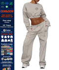 OEM Custom Logo Women Embroidered Cropped Sweatsuit Cotton Sweatshirt and Sweatpants Two Piece Set Tracksuit for Women