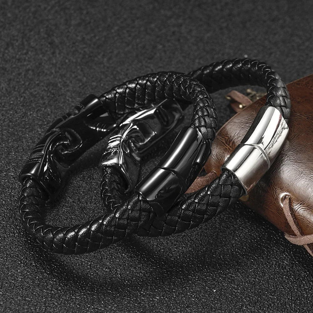 Best Selling European and American Style Stainless Steel Bracelet Wholesale Men's Hand-woven Leather Bracelet
