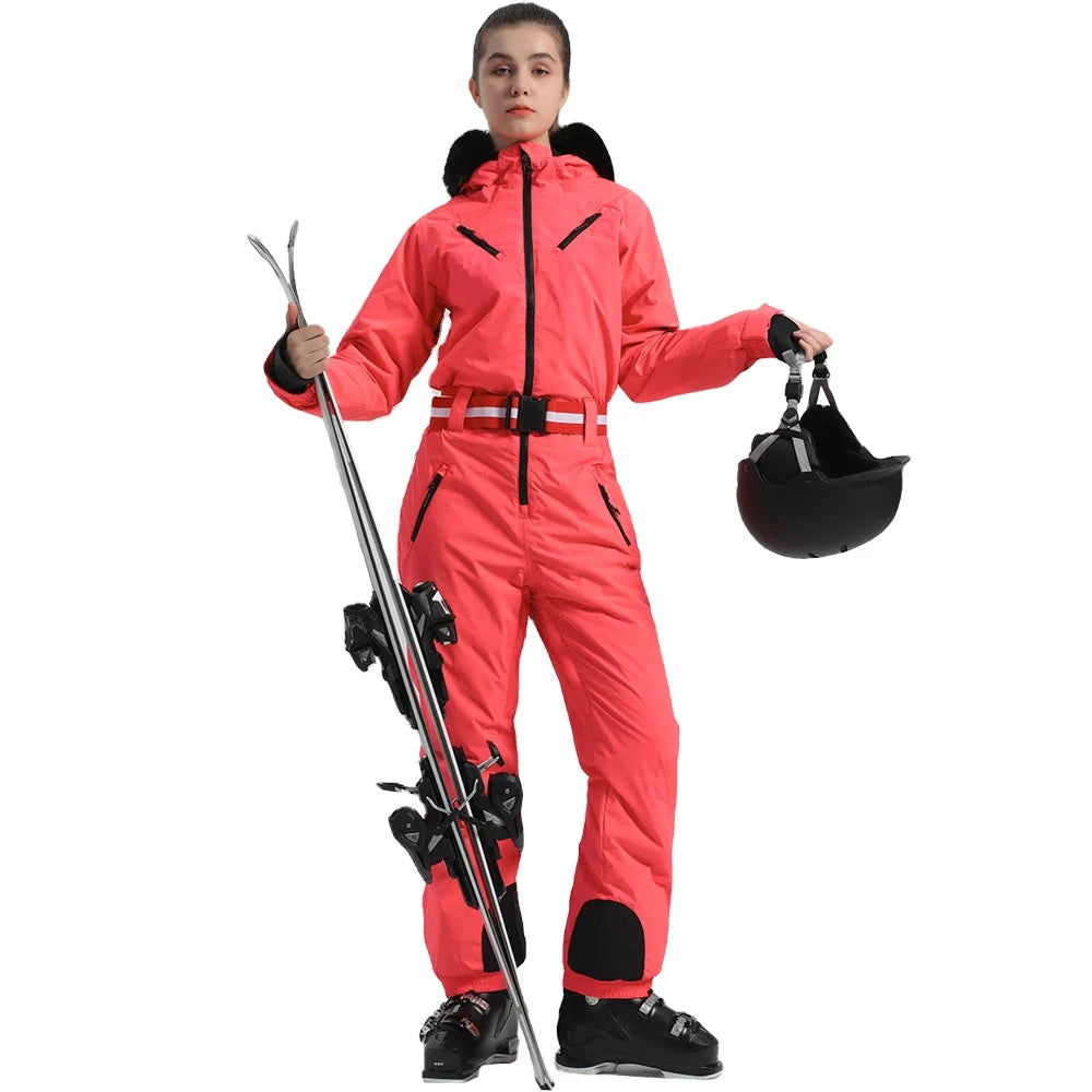 Waterproof Winter Snow Jumpsuit for Women Warm Snowboarding Overalls With Fur Collar One Piece Ski Suits for Outdoor Sports