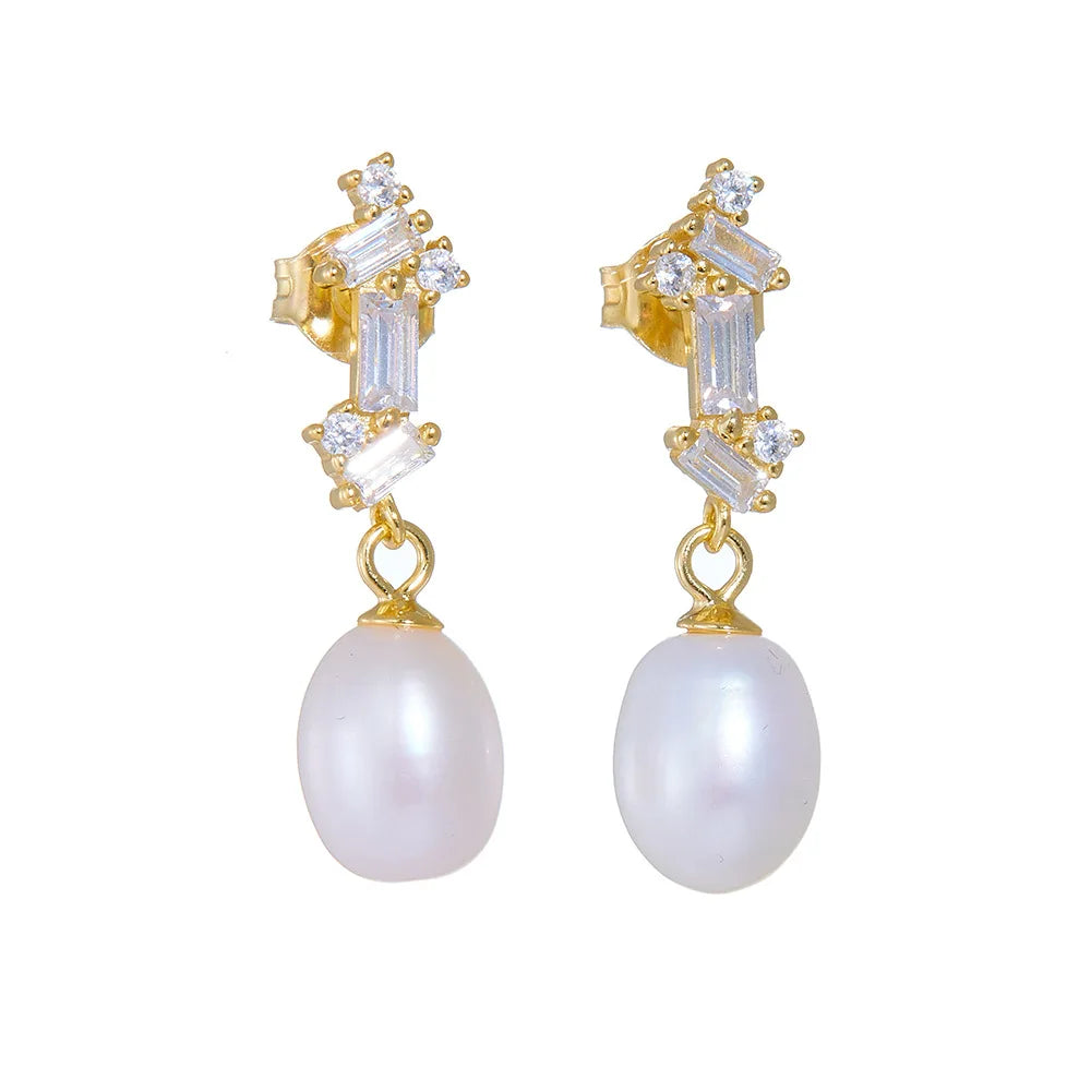 Fashion Jewelry 925 Sterling Silver Earrings Natural Real Freshwater Pearl square Diamond Gold Plated Stud Earrings for Women