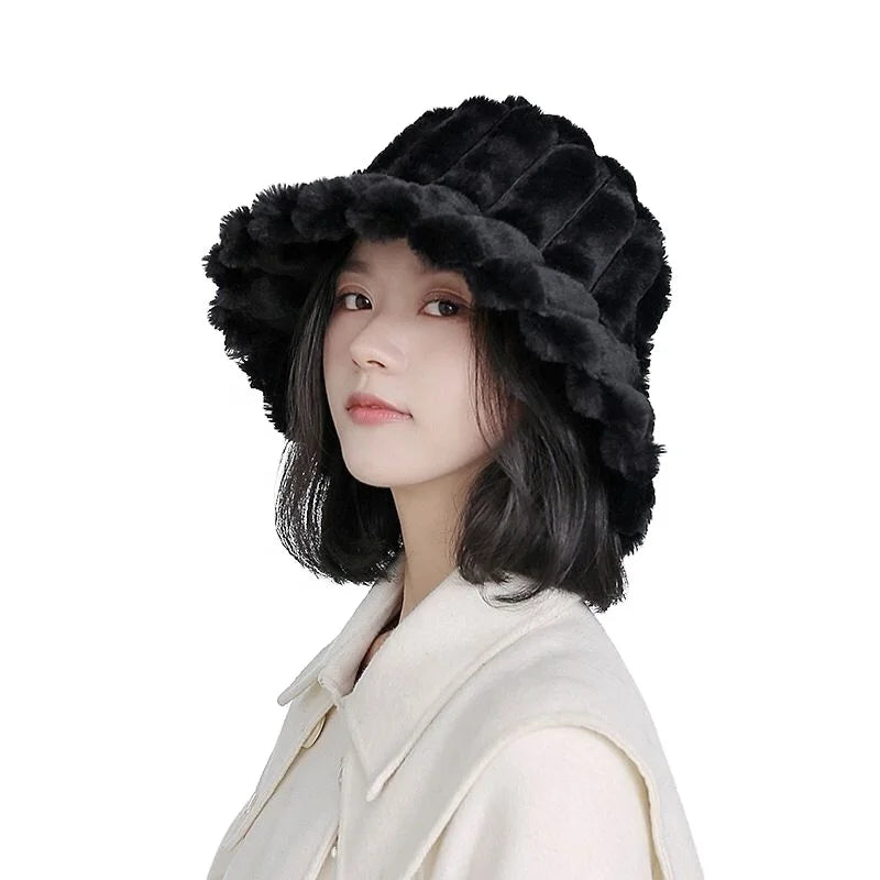 Women 90s Fuzzy Faux Fur Bucket Hats Warm Fluffy Cloche for Cold Winter Ski Weather