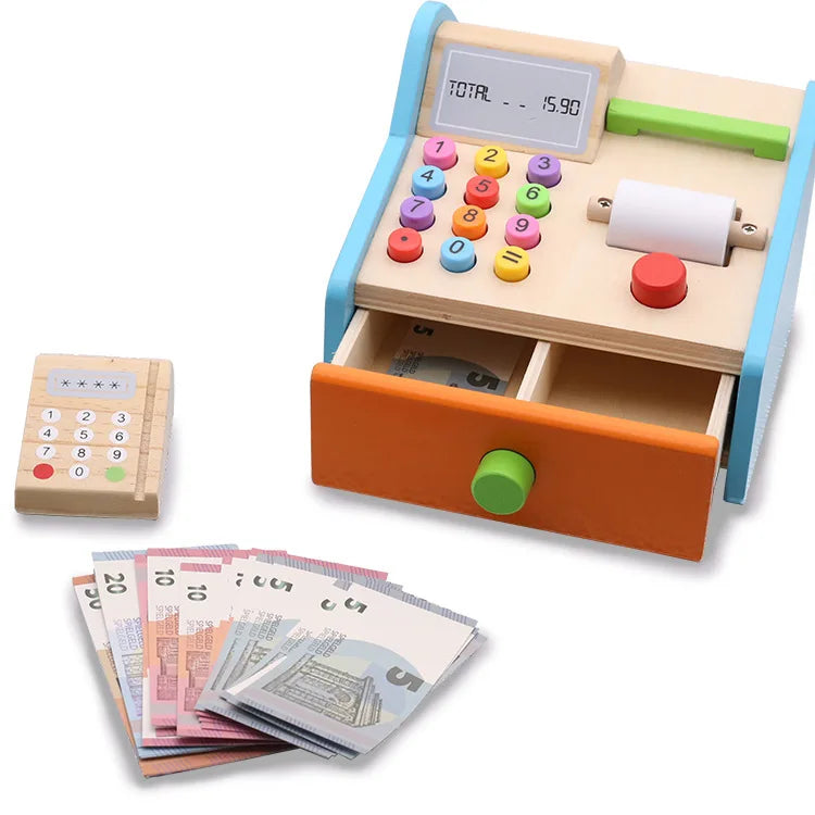 Wooden Children Educational Toys Simulation Cash Register Registradora Shopping Desk Pretend Play Toy for Children Gift HWG-3532