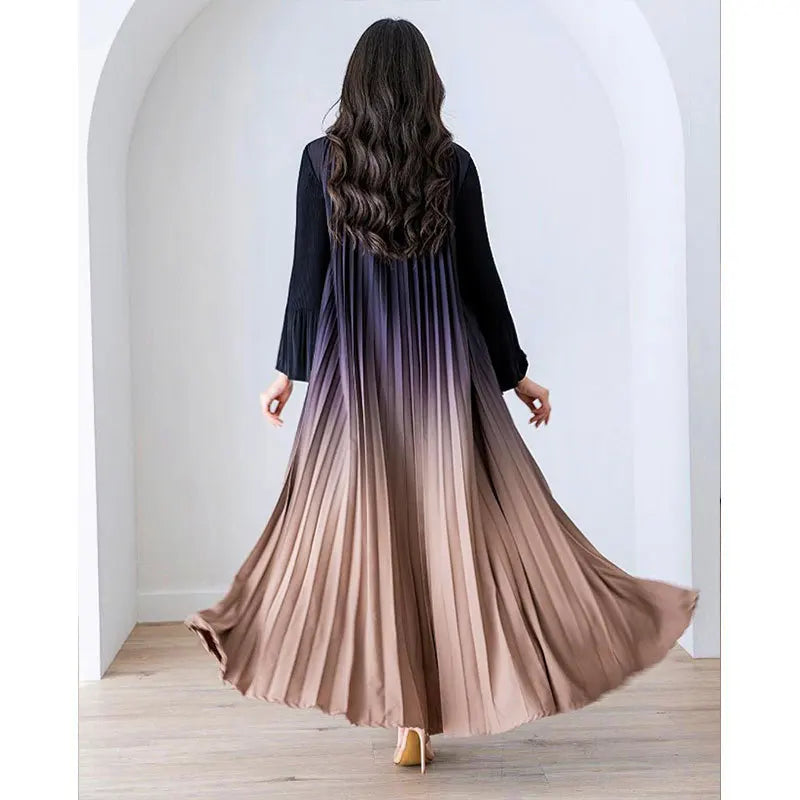 Muslim Pleated Coat Gradient Color Full Flare Sleeve Women Elegant a Line Loose Evening Party Kimono Long Cardigan Open Abaya