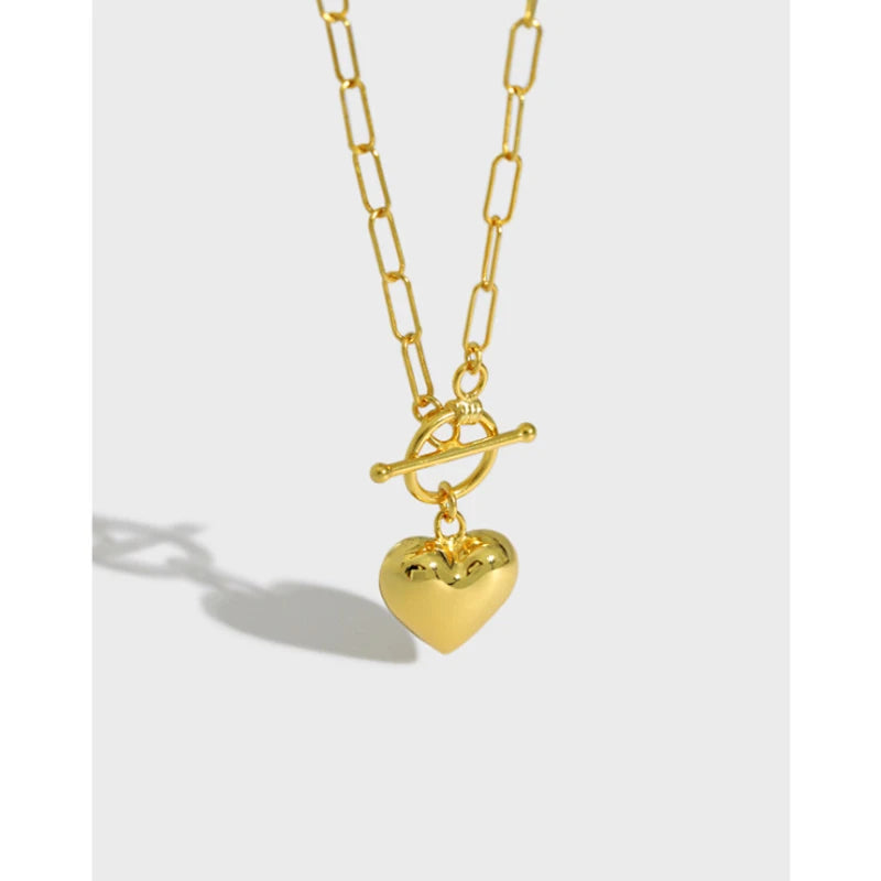 NEW INS 925 Sterling Silver 18K Gold Plated Big Heart Shape Choker Necklace for Women OT Buckle Chain