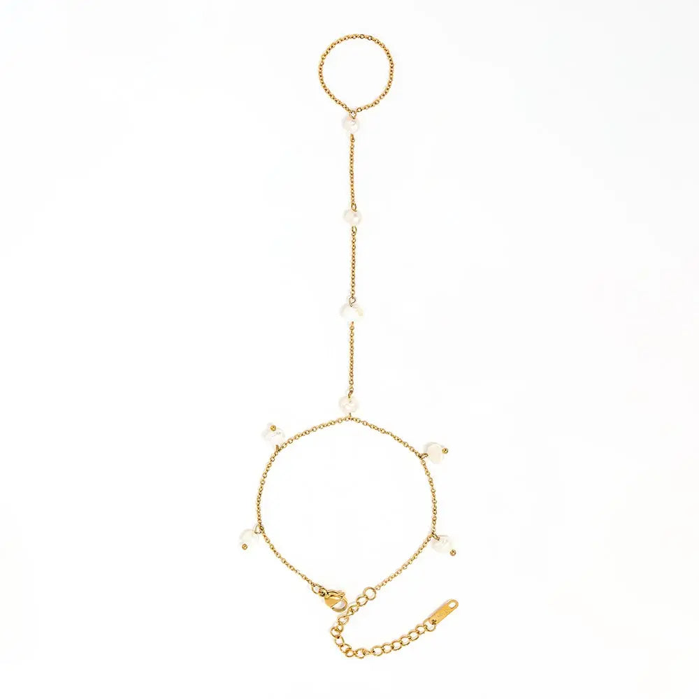 High-End Freshwater Pearl Stainless Steel Hand Chain Tassel Bracelet Ring Dainty Fashion Style Jewelry for Women