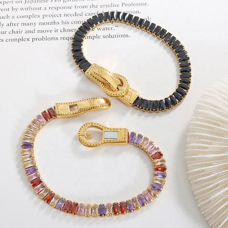Wholesale Stainless Steel Magnetic Clasp Rainbow Colorful Iced Out Baguette CZ Tennis Chain Bracelet