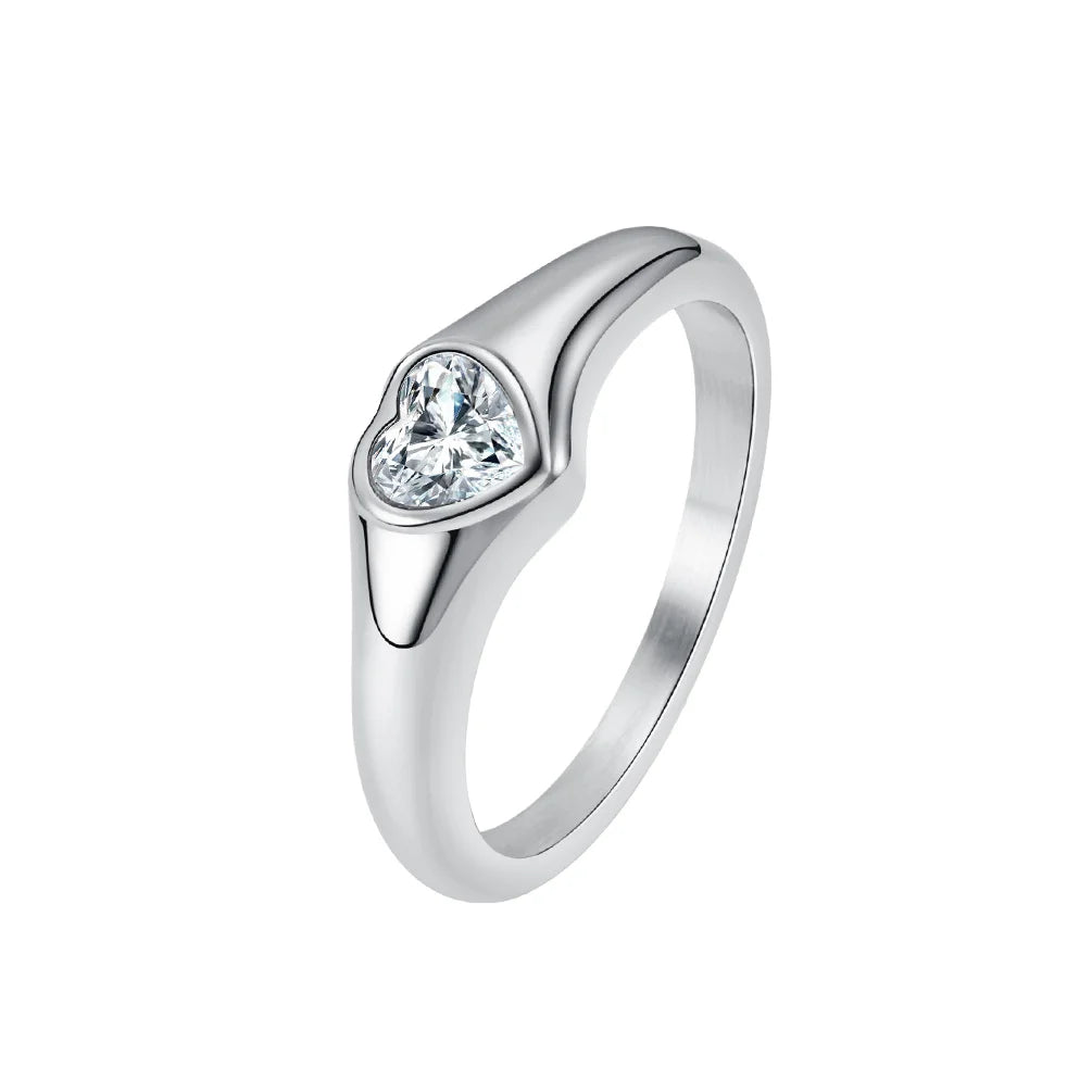 Simple Design 18K Gold Plated Stainless Steel Crystal Heart Couple Engagement Band Wedding Ring