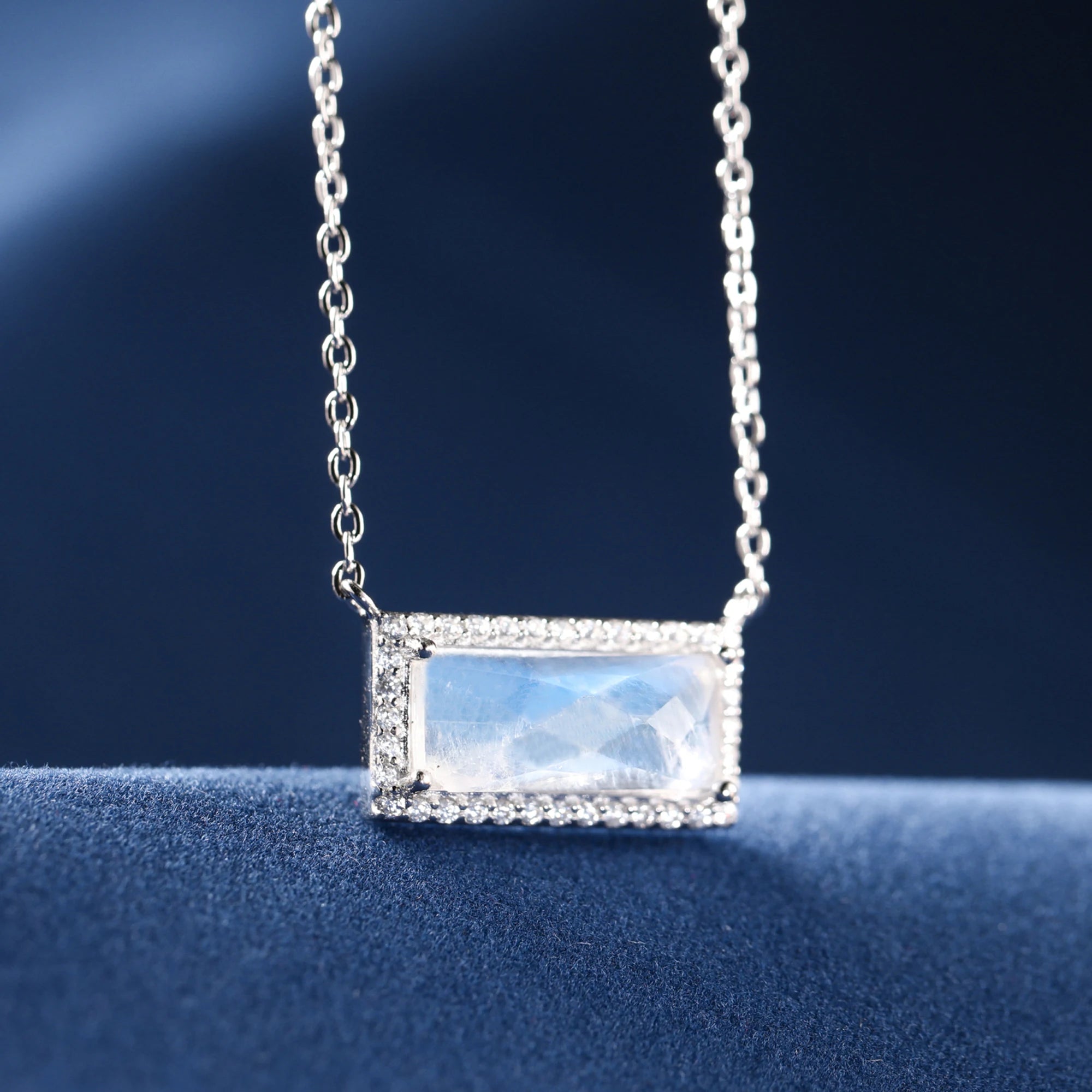 925 Sterling Silver Women Rectangle Pendant Rainbow Real Genuine Moonstone Necklace
