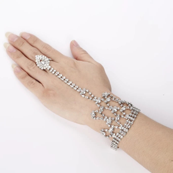 Women's Wedding Skeleton Finger Ring Bracelets with Rhinestone and Crystal Fashion Charm Jewelry