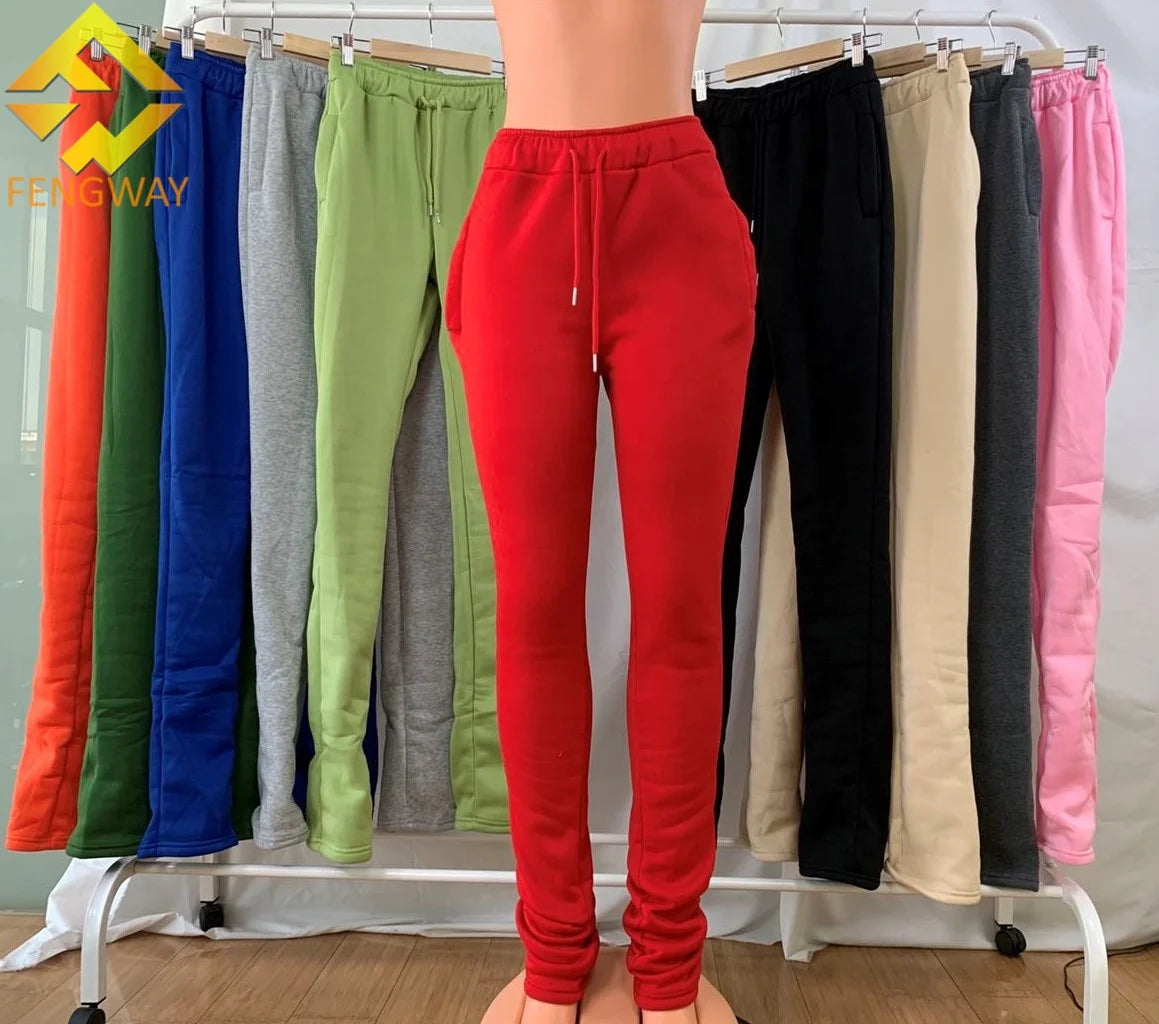 XS-3XL Custom logo Fall Mid Waist Fleece Stacked Joggers Thick Stacked Sweat Pants Leggings Women