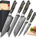 ANGELE Damascus Japanese Chef Santoku Boning Knife Set Professional Cooking Knives Razor Sharp with Ergonomic Black Gold Handle
