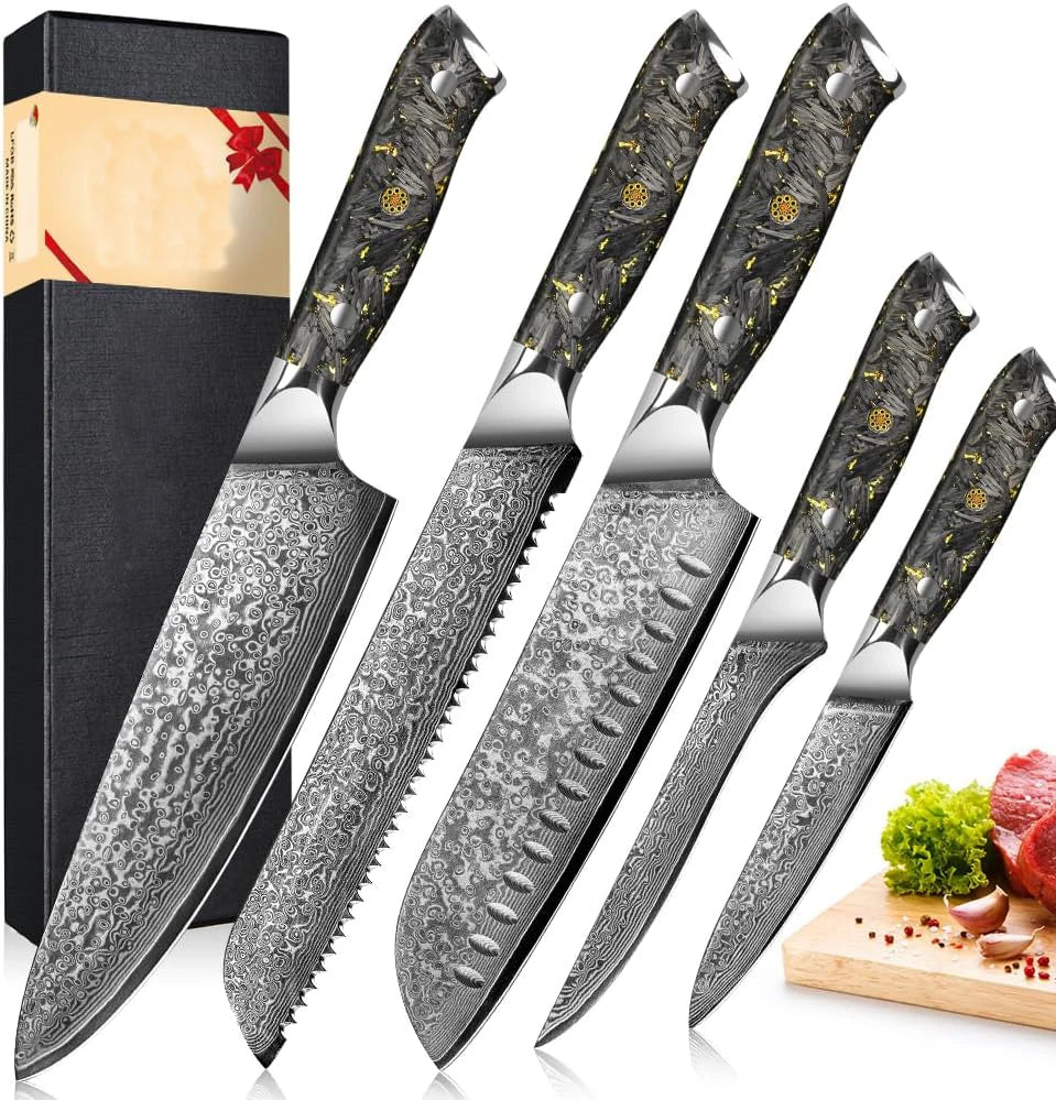 ANGELE Damascus Japanese Chef Santoku Boning Knife Set Professional Cooking Knives Razor Sharp with Ergonomic Black Gold Handle