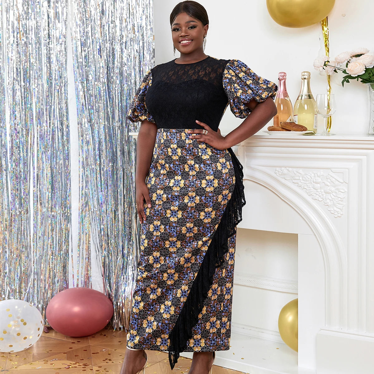 Vintage African Print Short Sleeve Summer Gown Long Evening Maxi Dress Ladies