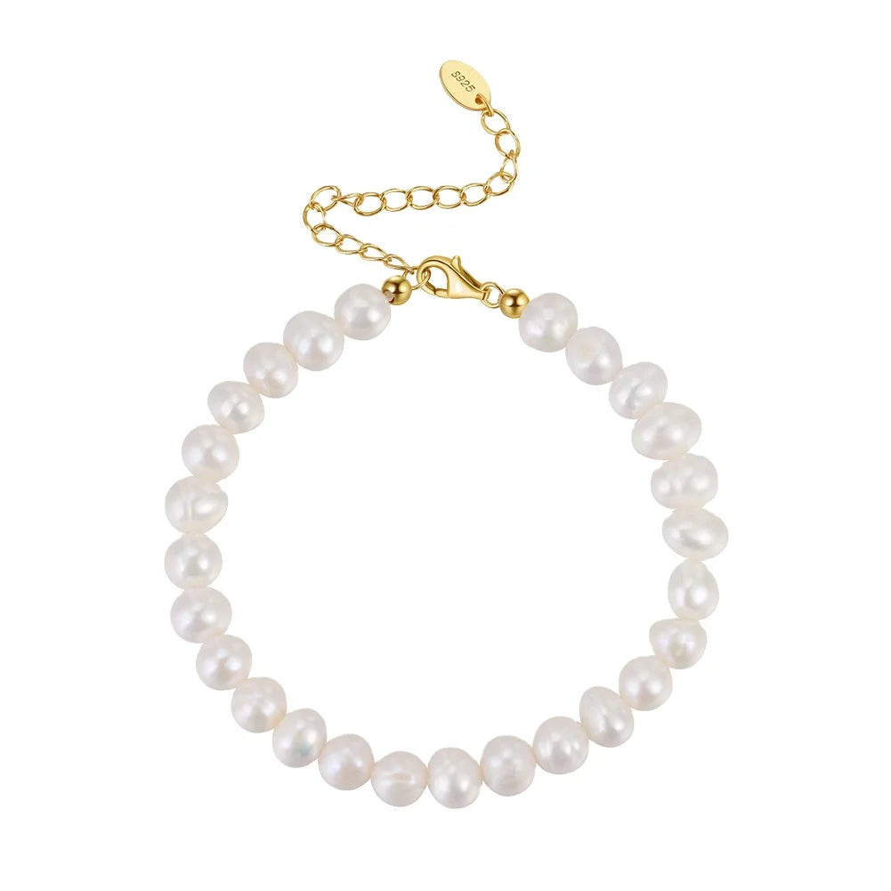 Fine 925 Sterling Silver Bracelet with Cultured Freshwater Pearls 14K/18K Gold Plated Women's Jewelry Gift for Girls