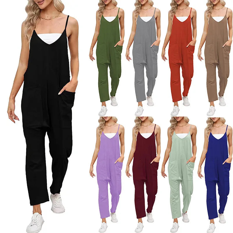 Women Adjustable Shoulder Strap Jumpsuits Casual Onesie Rompers Sleeveless Loose Baggy Overalls Jumpers With Pockets
