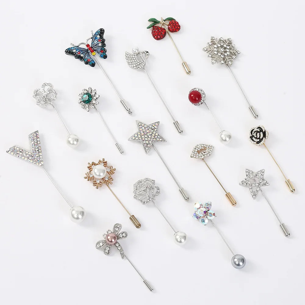 Creative Fashion Designer Long Pin Brooch Vintage Jewelry Ornament Sweater Scarf Suit Decorative Crystal Rhinestone Lapel Brooch