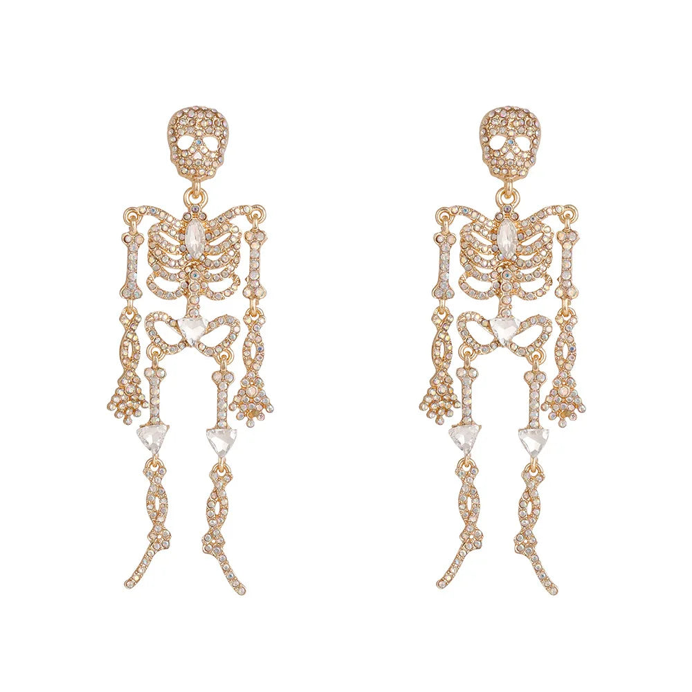 Personality Jewelry Gold Plated Crystal Skull Dangle Earrings Rhinestone Skull Pendant Earrings for Party