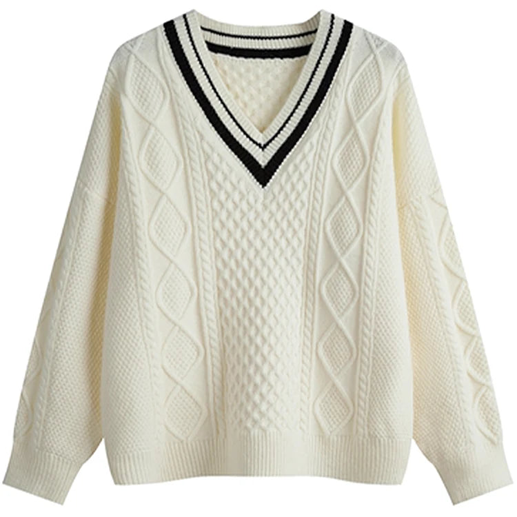 Men's Stripe V Neck Sweater Varsity Striped Jacquard College Vintage Cable Knit Sweater