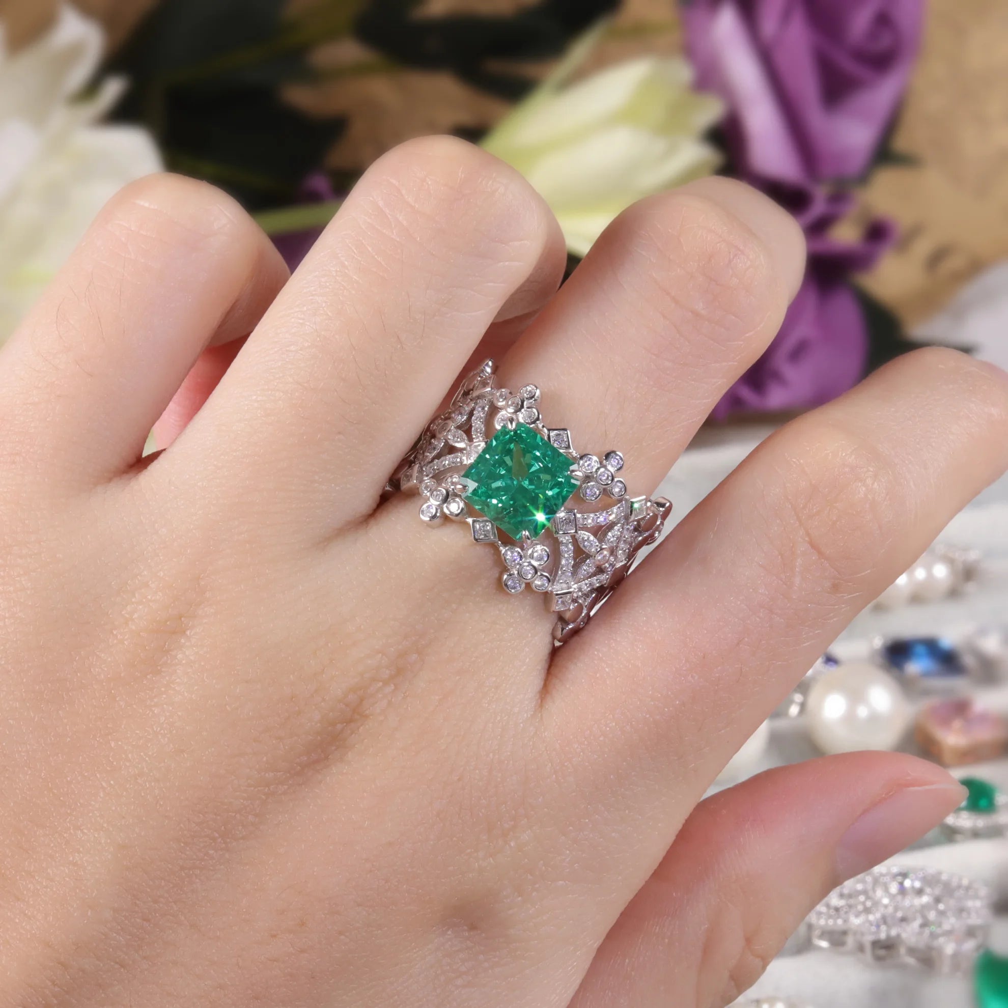 AR250 Made-To-Order Production Cushion Cut 8*8mm Paraiba Green Crushed Ice Diamond Sterling Silver Diamond Fire CZ Ring