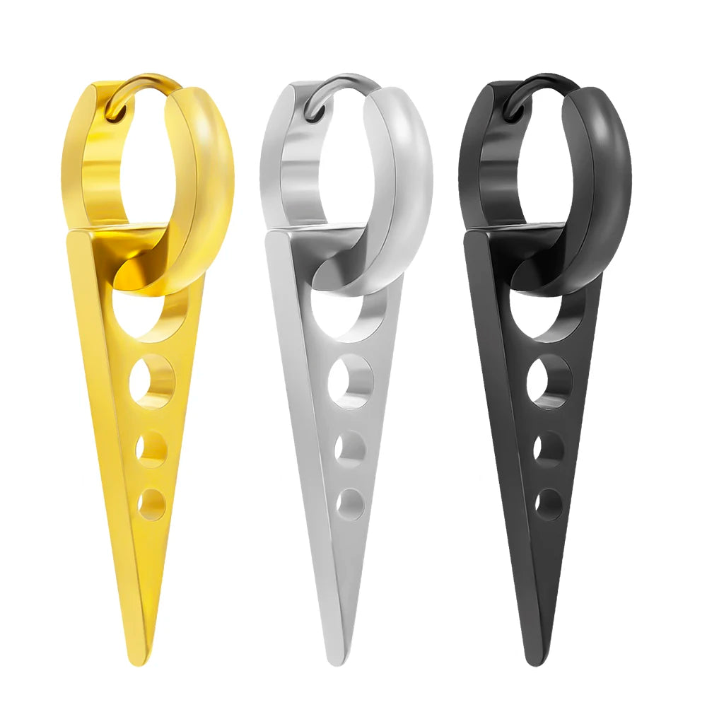 New Custom Punk Black Gold Plated Triangle Pendant Stainless Steel Huggies Clip-on Hoop Earrings Jewelry for Women Men