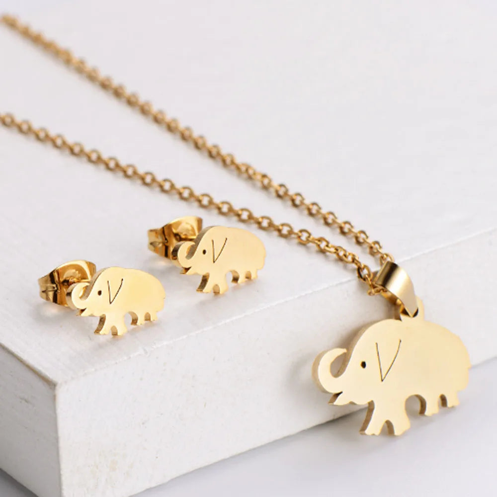 Fashion Stainless Steel 18k Gold Plated Elephant Charm Pendant Necklace and Earring Set for Women