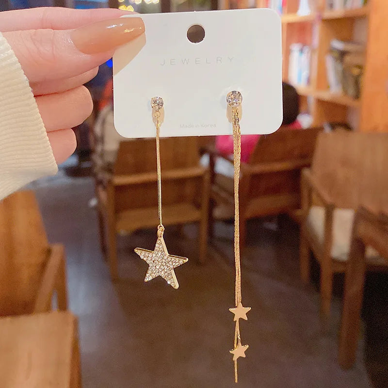 Gold Plated Long Tassel Asymmetrical Earrings for Women Fashion Shiny Zircon Star Earrings Drop Earring Sets for Women Jewelry