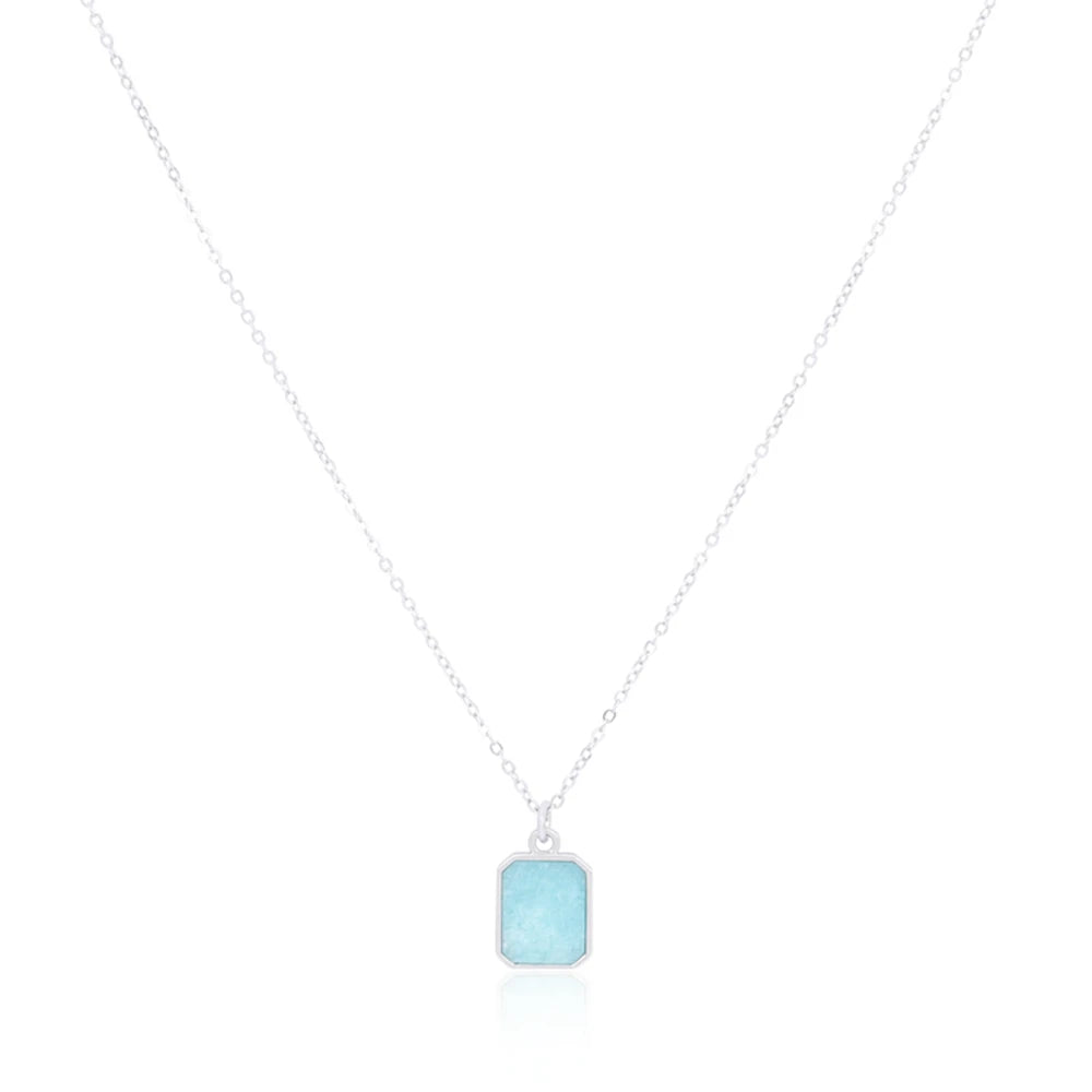 925 Sterling Silver 18K White Gold Plated Geometry Gemstone Rectangle Shape Bezel Setting Amazonite Pendant Necklace