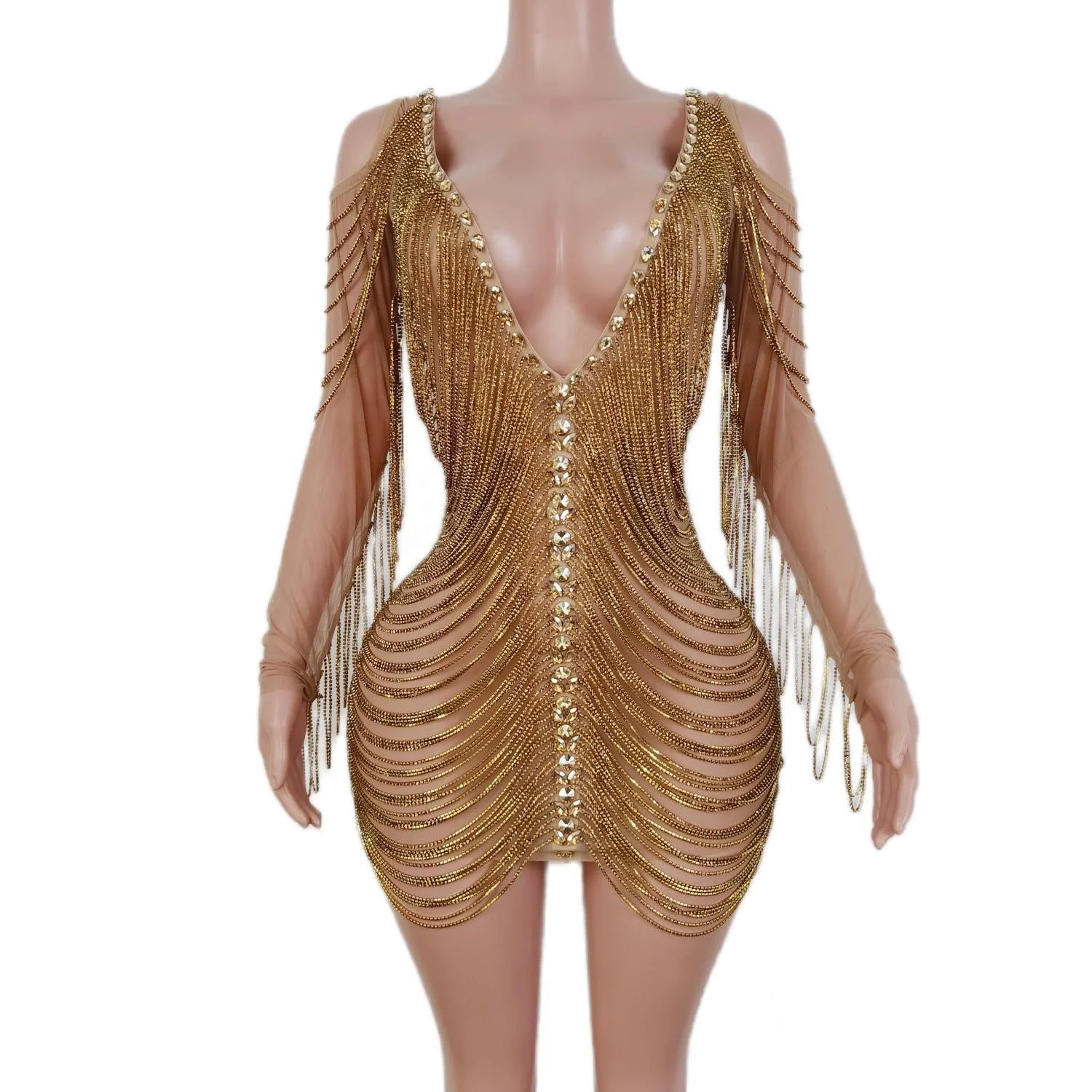 2023 Boutique Deep V Neck Mesh Tassel Dancer Party Gown Rhinestone Birthday Prom Mini Dress Women Backless Cocktail Club Dress