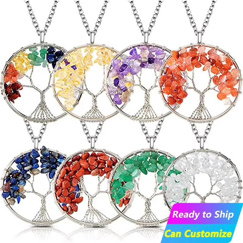 Wholesale 50mm Vintage Copper Wire Wrapped Tree Life Pendant Natural Crystal Quartz Necklace Handwork Fashionable Healing Stone