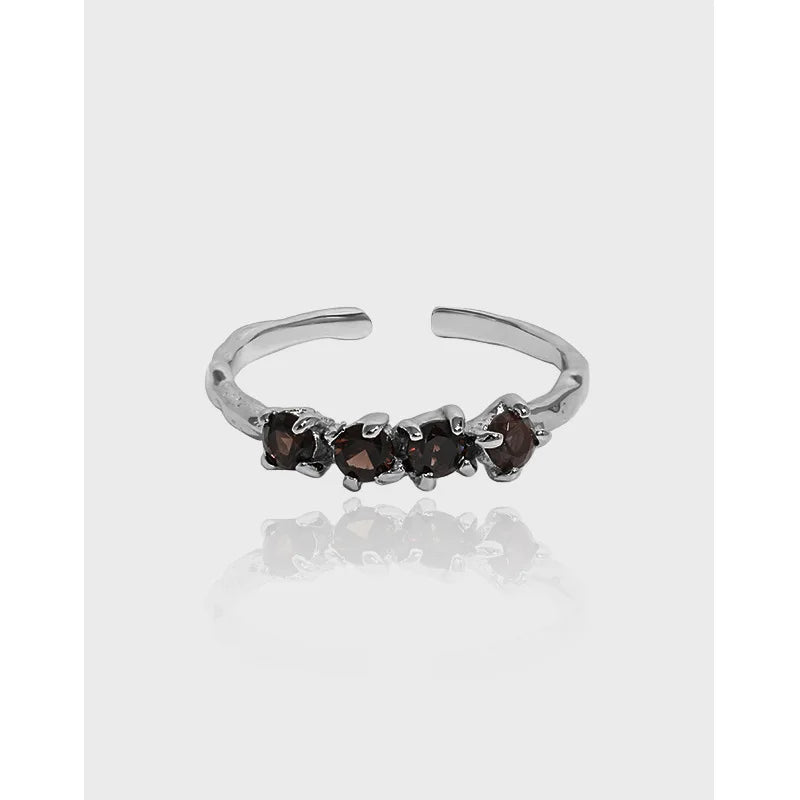 Irregular Texture S925 Sterling Silver Four Zircons Open Ring Luxury Adjustable Finger Ring Fine Jewelry
