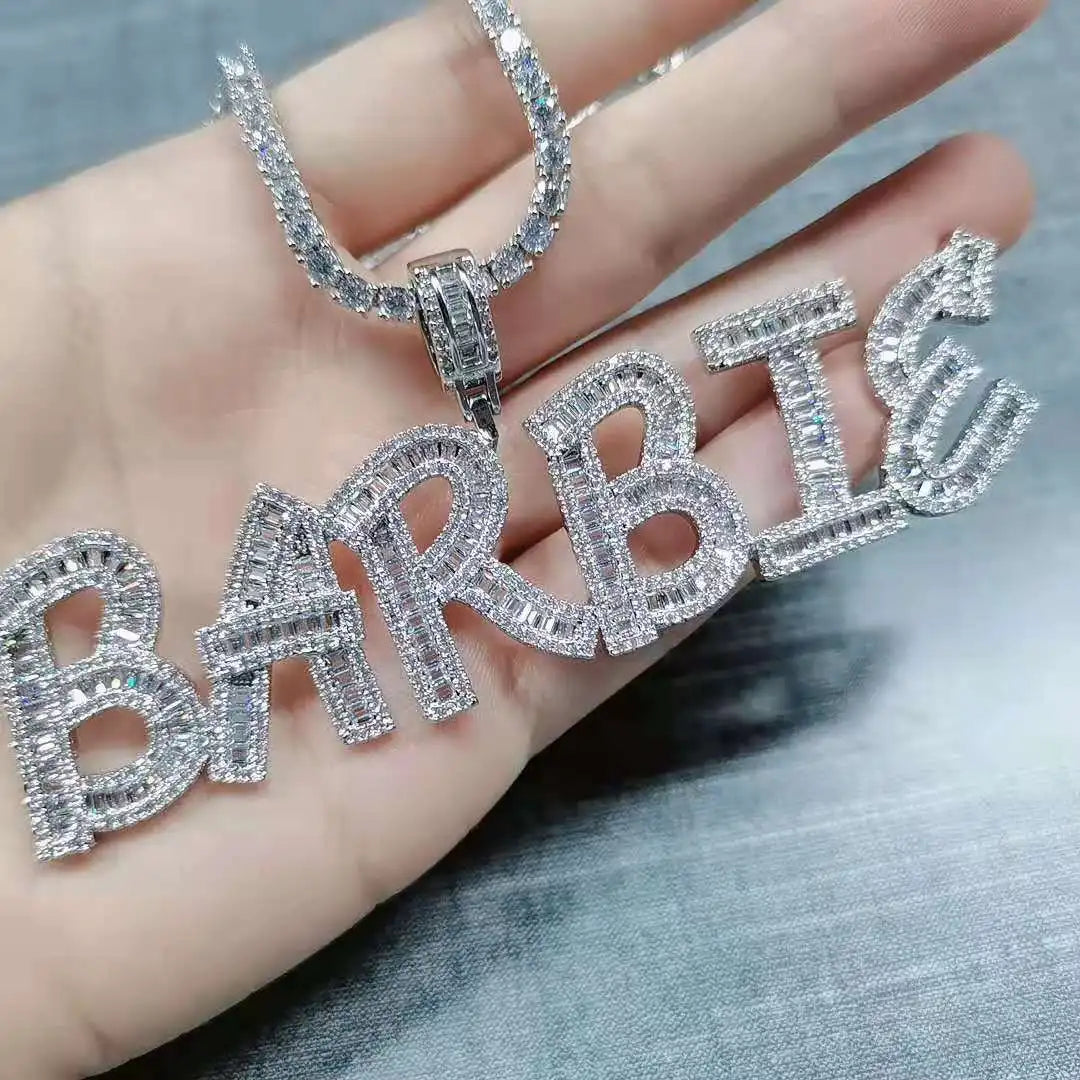 Personalize Custom Name Tennis Chain Gold Plated Iced Out Baguette Zircon CZ Full Rhinestone DIY Letter Name Necklace Jewelry