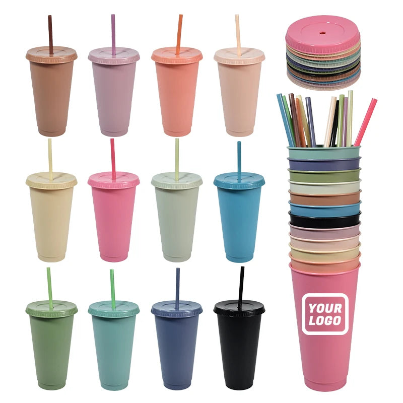 New Colors in Stocked 24oz Plastic Cups Decorative Party Supplies 24oz Cups Matte Unbreakable Plastic Mug with Lid