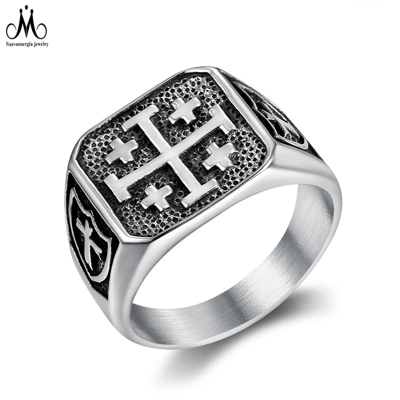 Engraved Unique Amulet Cross Ring Exquisite Stainless Steel Jewelry Ring Men