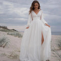 Boho Vintage Simple Chiffon Tulle Bridal Gowns Long Puff Sleeve Sweetheart Split Wedding Dresses