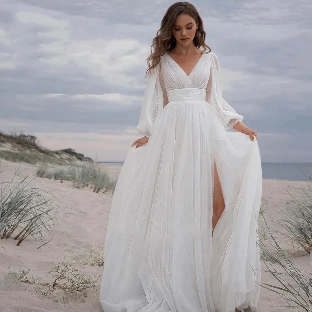 Boho Vintage Simple Chiffon Tulle Bridal Gowns Long Puff Sleeve Sweetheart Split Wedding Dresses