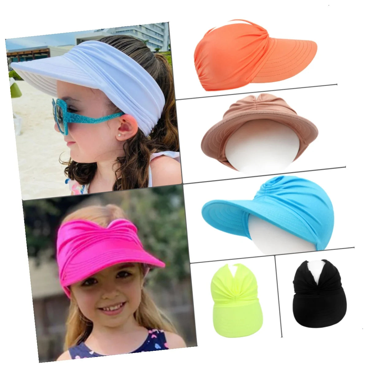UV Protective Summer Beach Nylon Visor Hat for Kids 1-9 Years Old Foldable with Elastic Top and Wide Brim for Sports