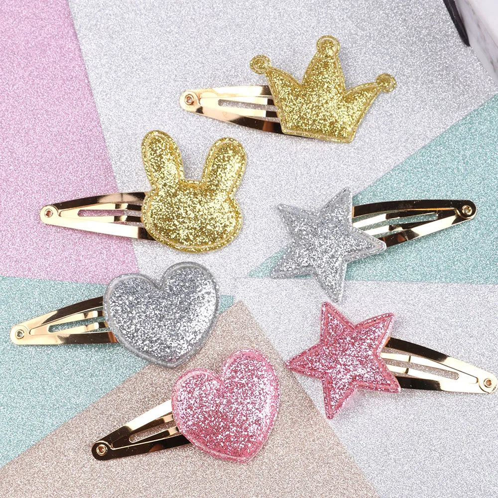 CN 6Pcs Wholesale Shiny Glitter Hairgrip Heart Star Snap BB Hair Clips for Kids