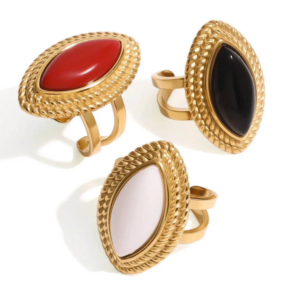 Retro Natural Stone Open Rings Stainless Steel Oval Eye Waterproof Ring Gold Plated Texture Agate Party Jewelry for Women