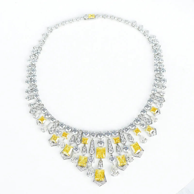 925 Sterling Silver Luxury CZ Diamond Tassel Design Necklace Radiant Cut Iced Cut Yellow Zirconia Necklace for Wedding