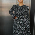 Spring Outing Streetwear Lace up Waist O-Neck Long Sleeve Midi Lady Dresses Elegant Casual Floral Dresses Women