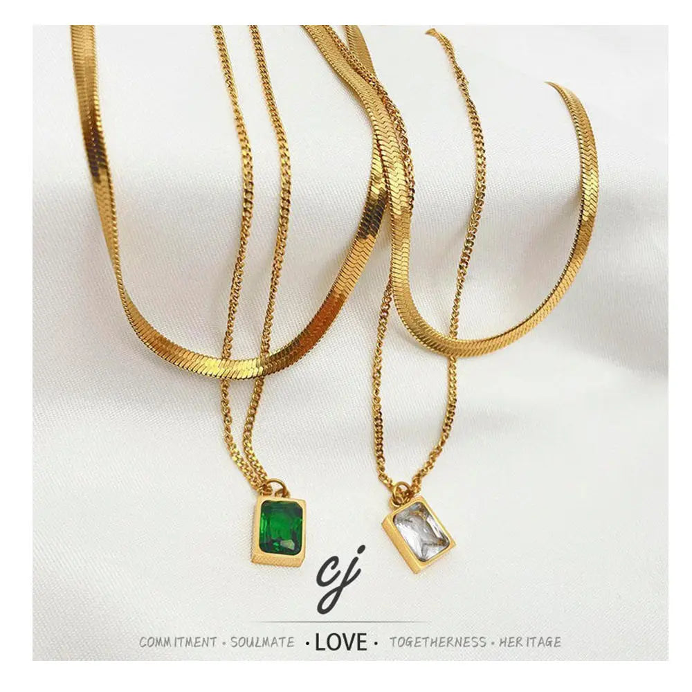 Carline Gold Plated Fashion Wholesale Stainless Steel Square Zircon Pendant Minimalist Design Necklaces for Women