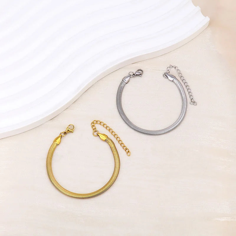 Waterproof Customized 4mm Flat Snake Chain 18k Gold Plated Herringbone Bangle 316L Stainless Steel Chain Jewelry Bracelet