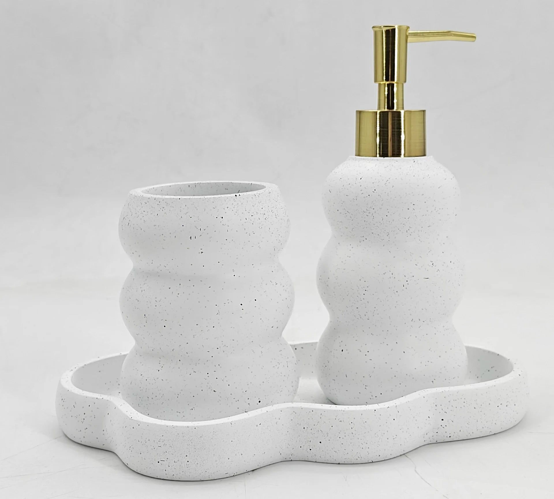 Hand-Painted White Resin Modern Three-piece Eco-Friendly Bathroom Accessories Set Soap Dispenser Tumbler Soap Dish Toilet Brush