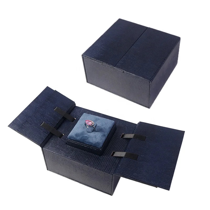 Double Door Luxury Handmade Custom Royal Blue Engagement Wedding Ring Proposal Box Leatherette Paper Velvet Magnetic Snap