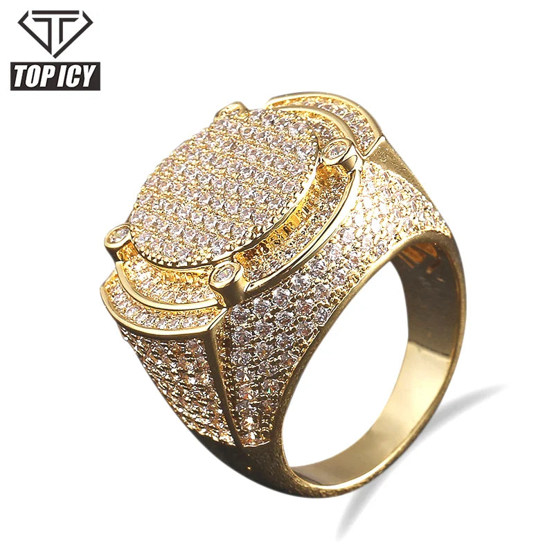 TOP ICY Hip Hop Men's Classic Big Gold Ring Hot Selling Iced Out CZ Men Rings Jewelry 18K Gold Plated