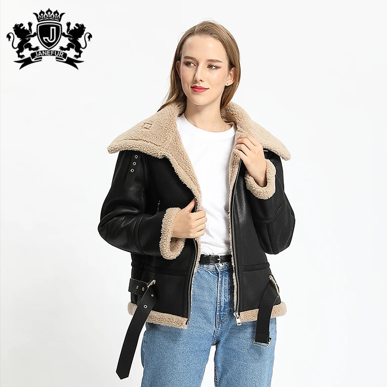 Janefur Oversize Jacket Winter Women Leather Shearling Over Size Clothing for Female