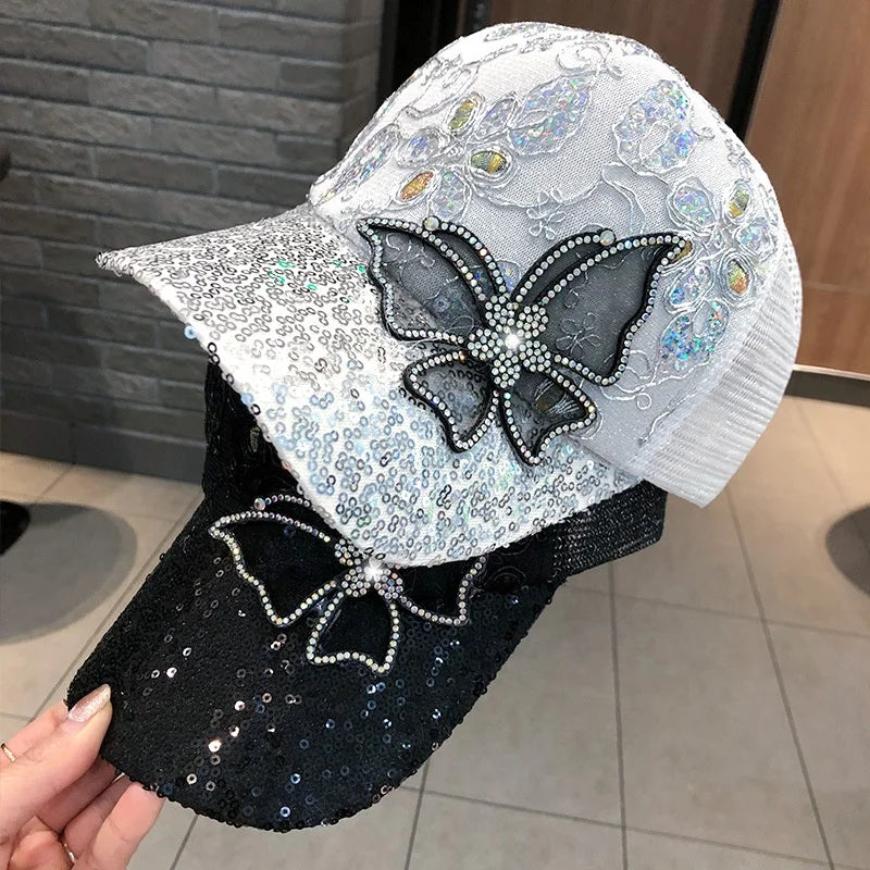 Rhinestone Butterfly Baseball Cap Women's Sequin Flower Breathable Mesh Cap Casual Versatile Shade Sunscreen Peaked Hat