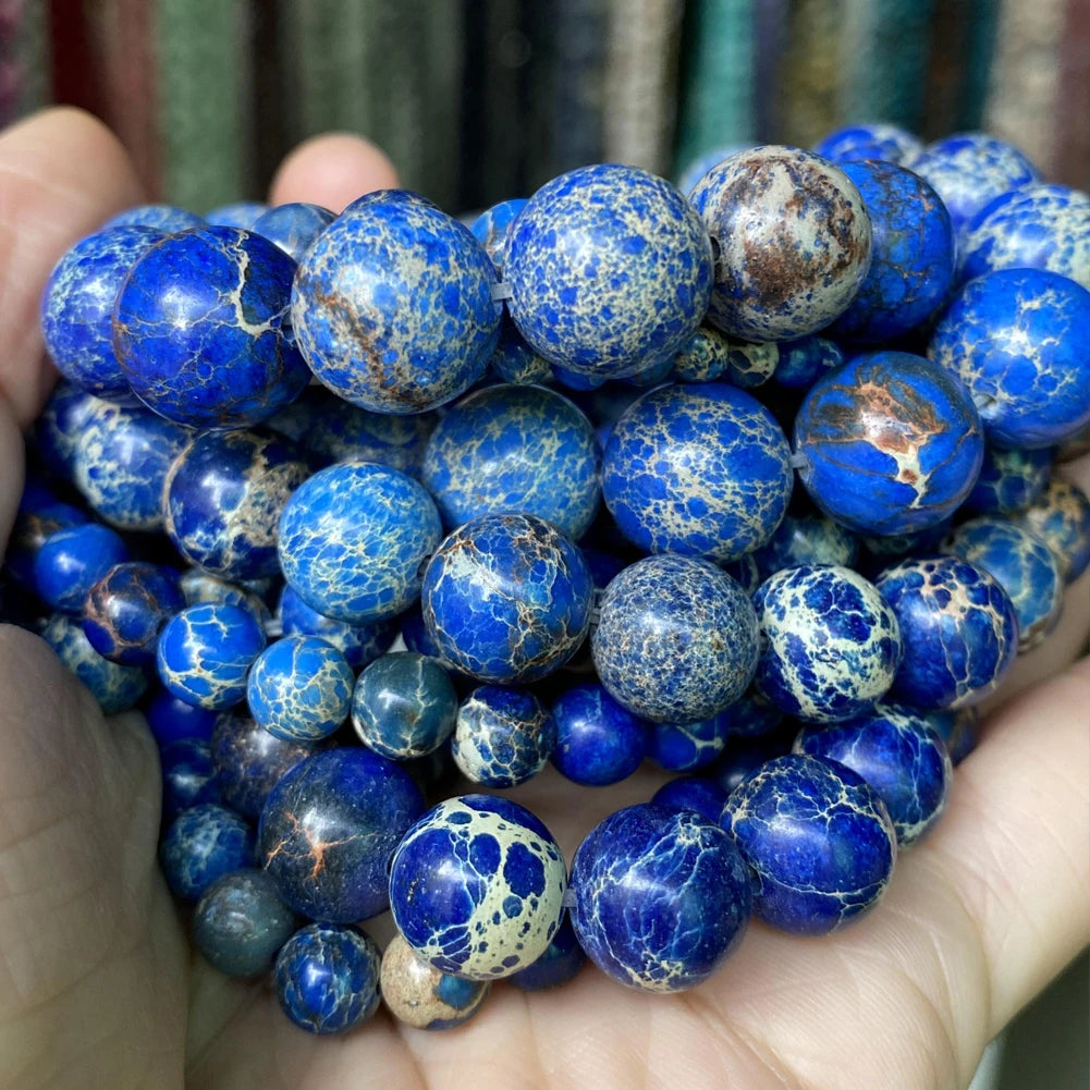 AsVrai U Natural Blue Sea Sediment Jaspers Round Spacer Loose Beads 4-12mm 15.5 Inches Jewelry Making DIY Bracelets Accessories