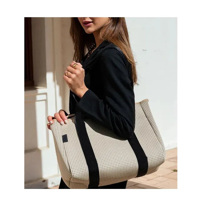 Stylish Neoprene Tote Perforated Beige Women Neoprene Tote Bag for Shopping Beach Gym Overnight Trips Nappy Bag